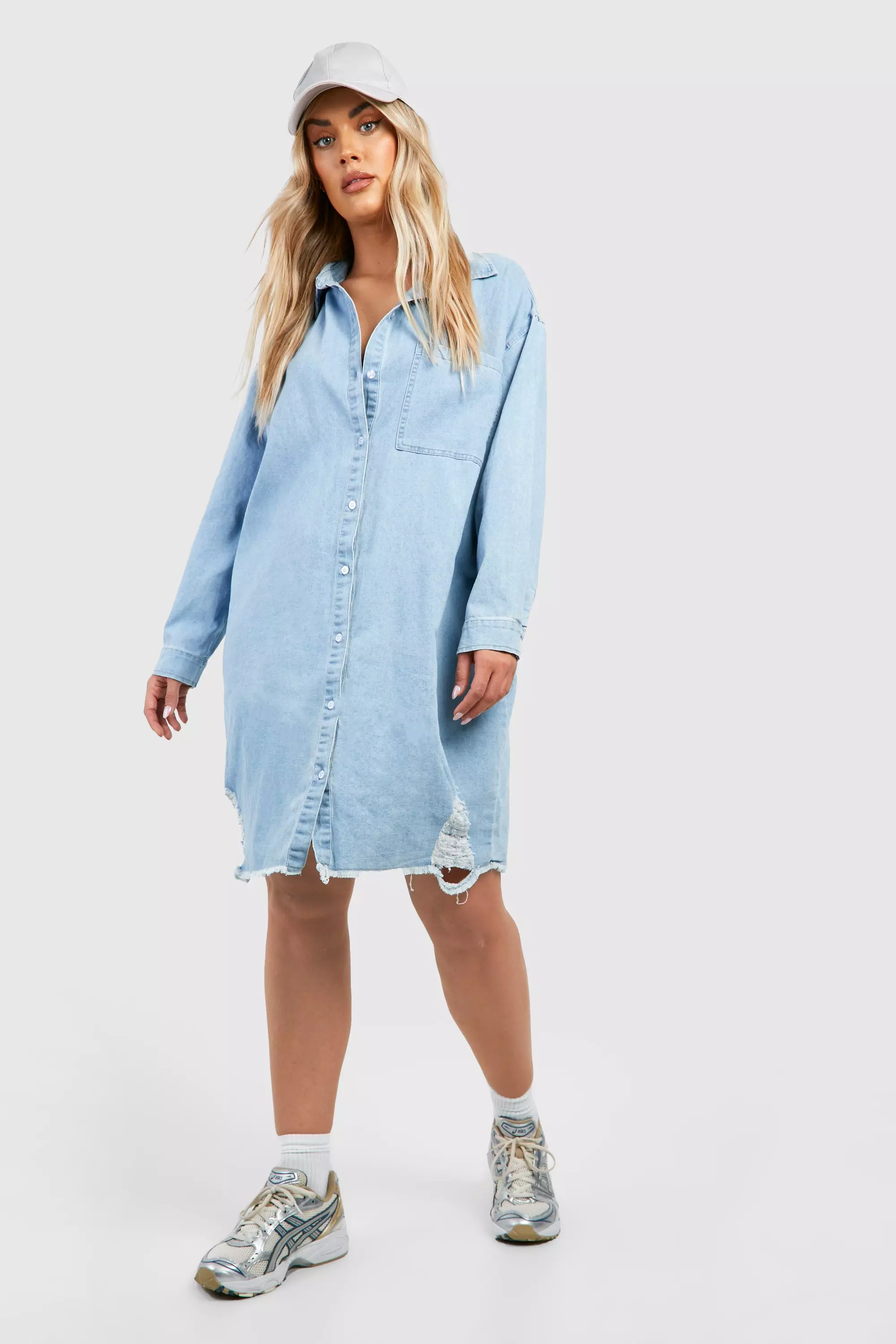 Plus Distressed Denim Shirt Dress